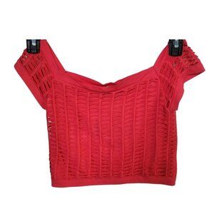 Bebe Sz M/L Women's pink space knit lined square neck mesh stretch Crop top New